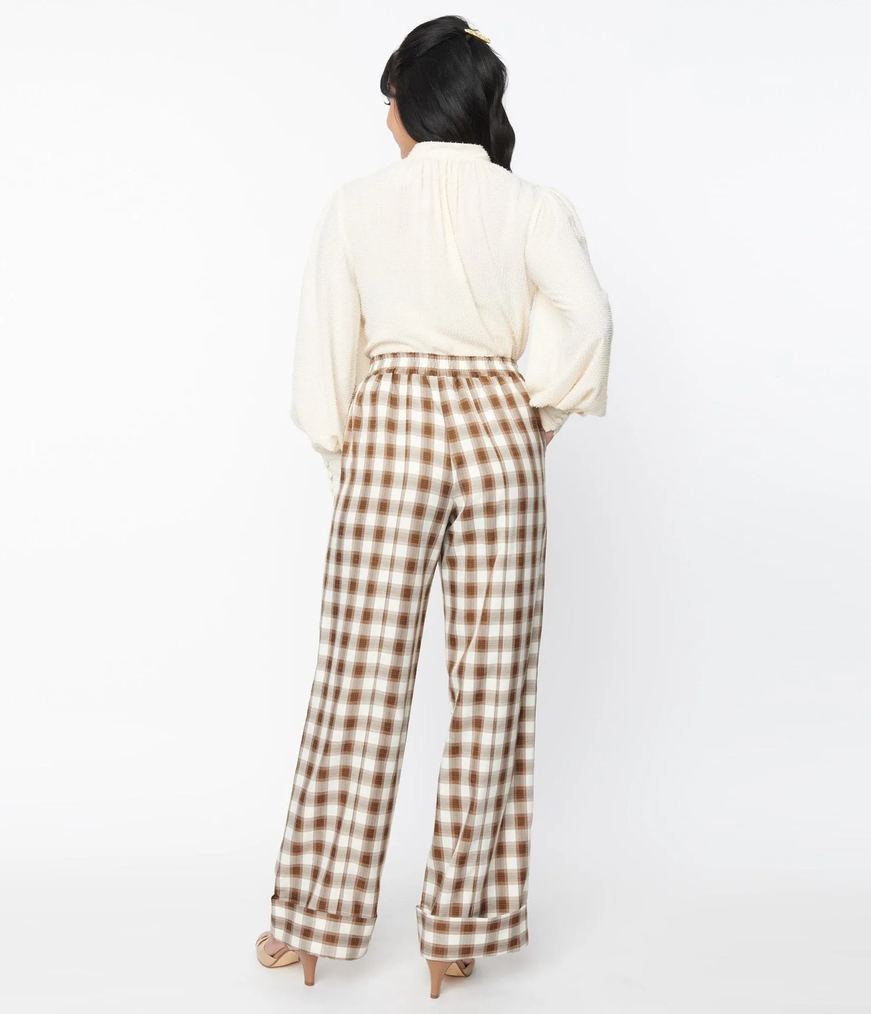 Unique Vintage 1940s Brown & Ivory Plaid Wide Cuff Pants