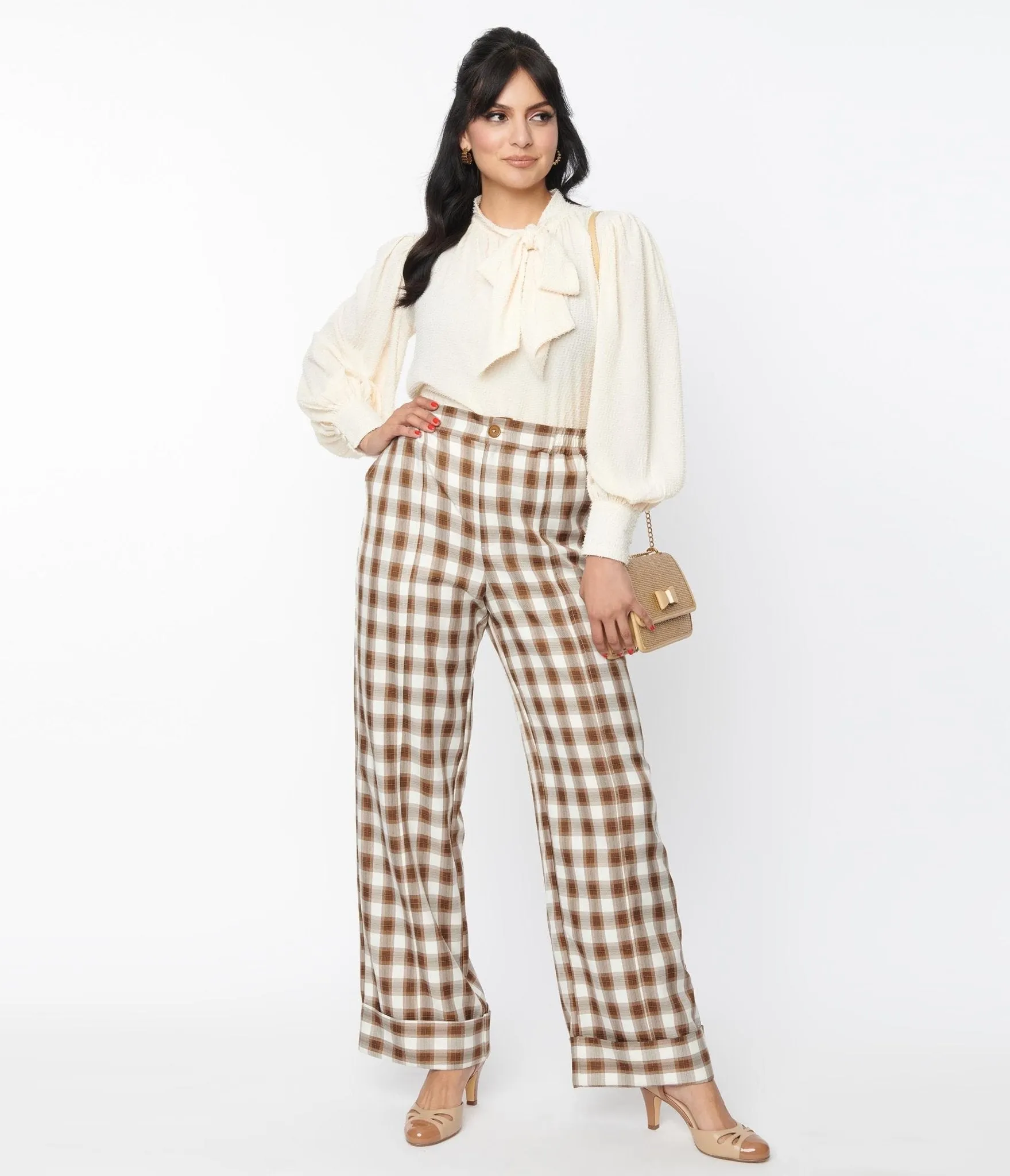 Unique Vintage 1940s Brown & Ivory Plaid Wide Cuff Pants