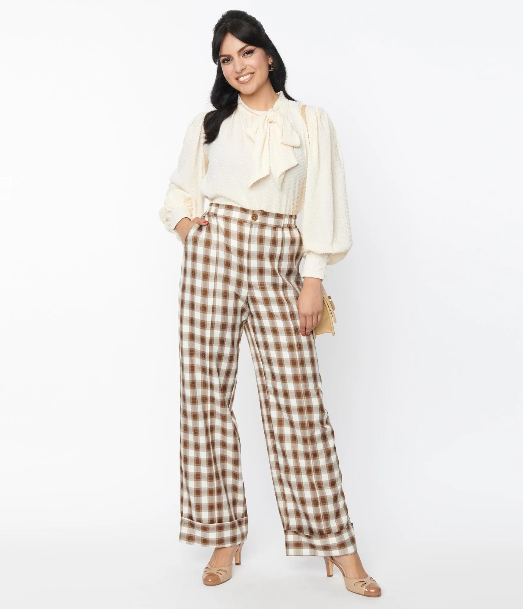 Unique Vintage 1940s Brown & Ivory Plaid Wide Cuff Pants