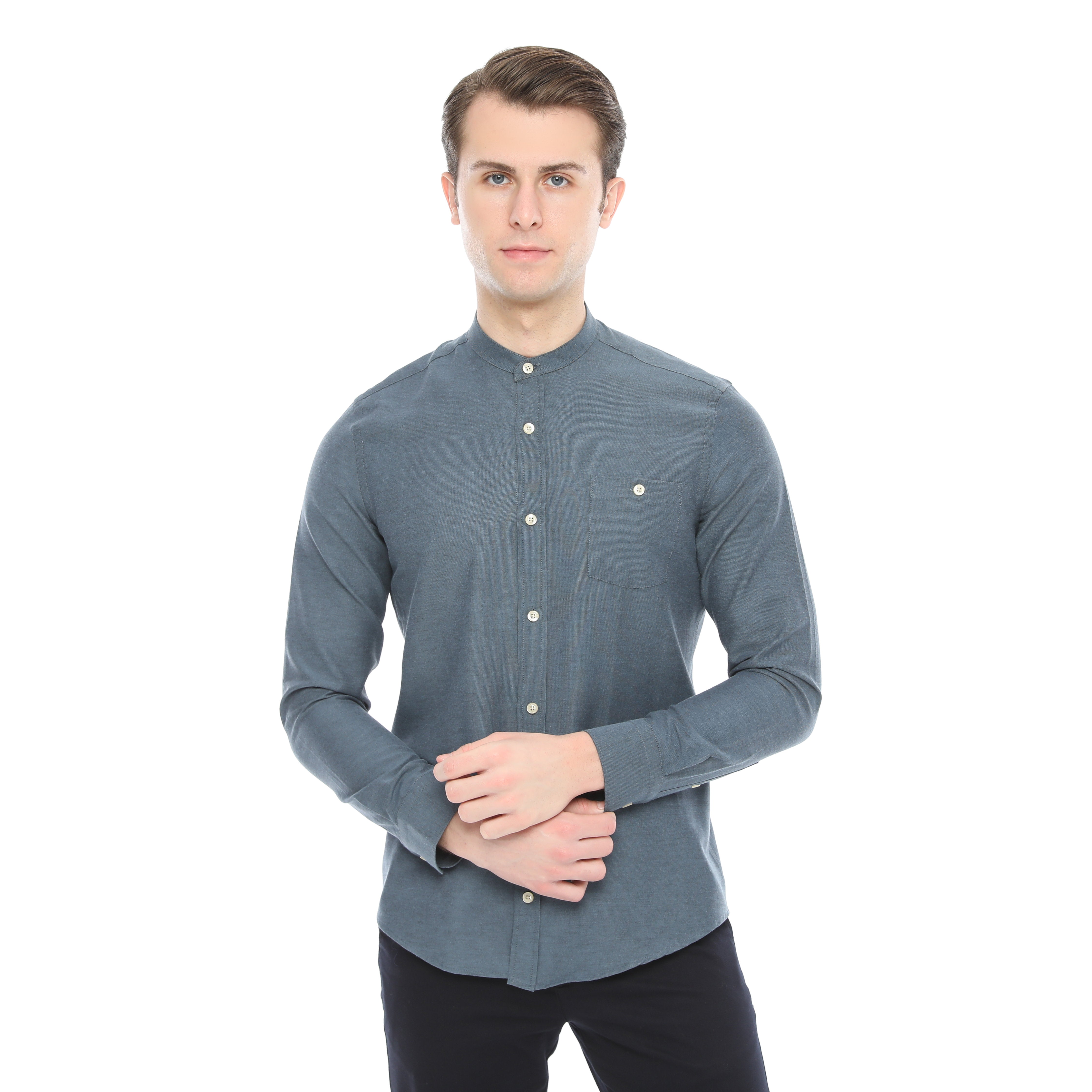 Xact Mens Grandad Collar Nehru Oxford Shirt 'Gustus' Long Sleeved - Slim Fit