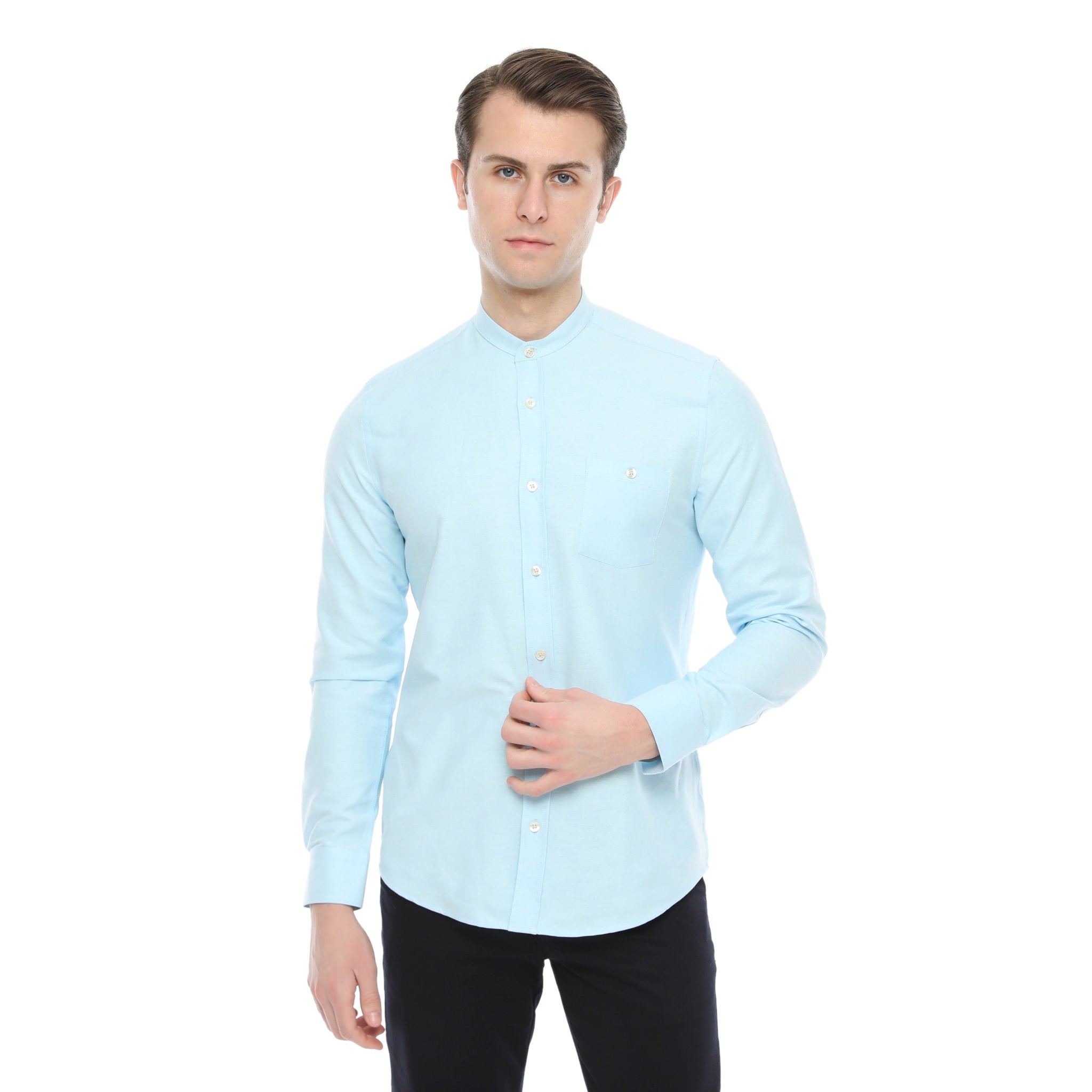 Xact Mens Grandad Collar Nehru Oxford Shirt 'Gustus' Long Sleeved - Slim Fit